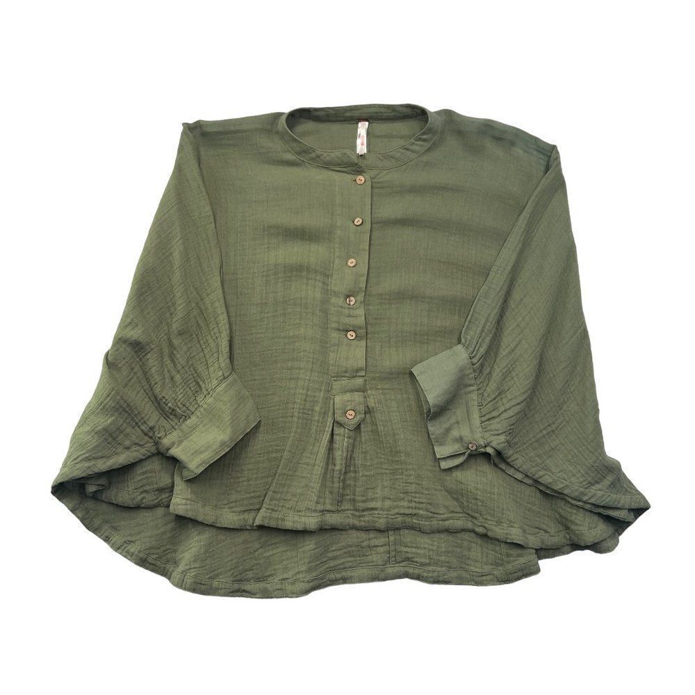 Free People Olive Button-Front Relaxed Gauze Blouse